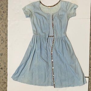 Elegant Light Blue Midi Dress with Floral Trim